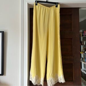 Doen Yellow Silk Lavon Pants with Lace Trim, Size L